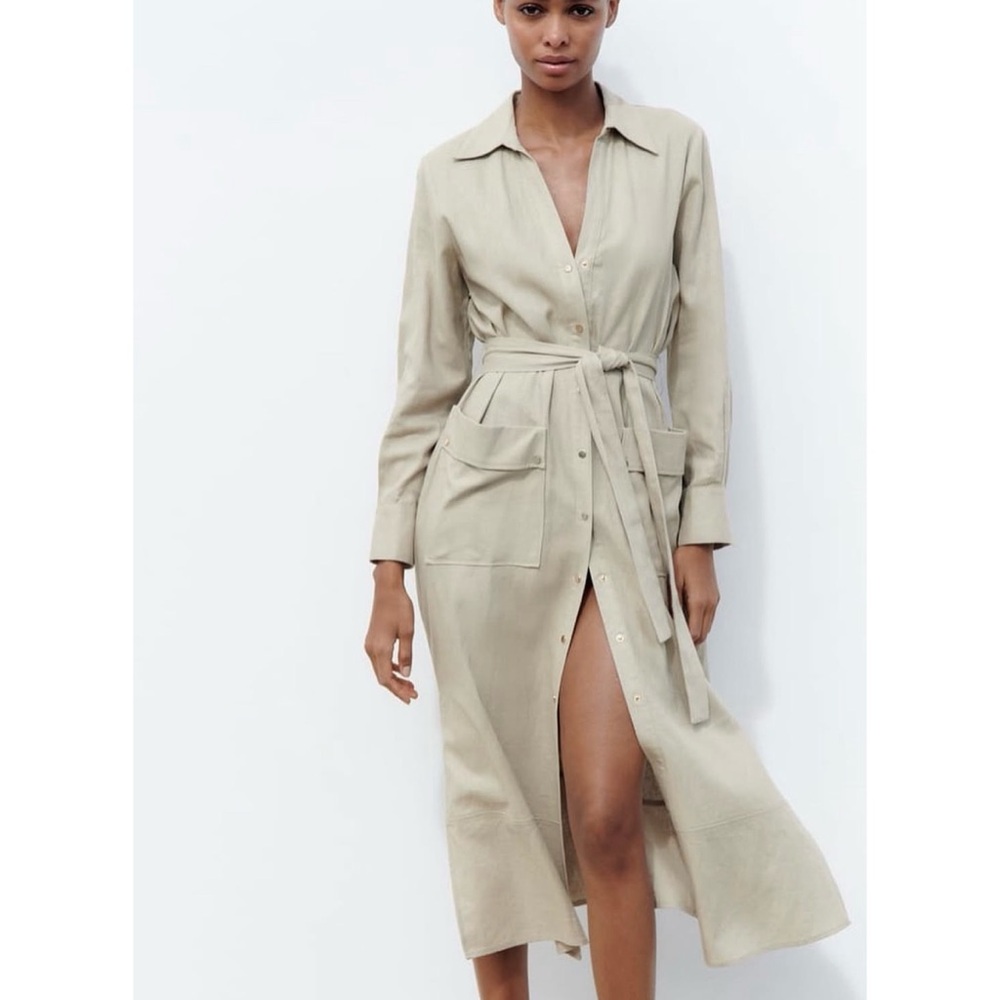 NWT Zara Linen Blend Long Sleeve Gold Buttondown Shirt  Khaki Tan Midi Dress M - Picture 7 of 14